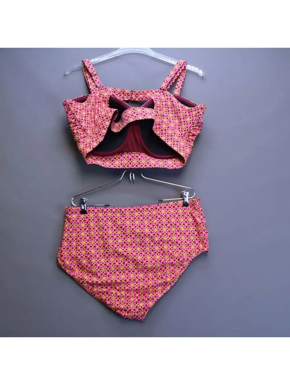 Old Navy Bikini Set 3X Top 2X Bottom Geometric Pink Orange High Waist Swimsuit
